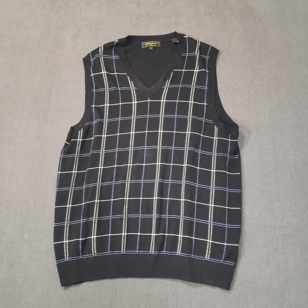 Bobby Jones Sweater‎ Vest Mens L Black Silk Cashmere Windowpane Plaid V-Neck
